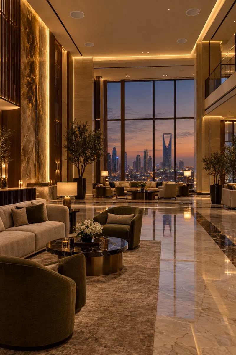 Hotel lobby with flush ceiling speakers
